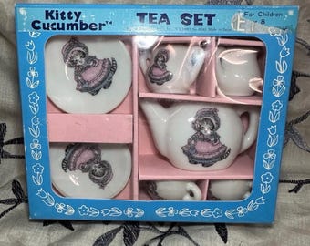 Vintage Kitty Cucumber Porcelain Tea Set 1984 Made in Japan Miniature China Toy Tea Party Set Original Collectible Cat Dollhouse