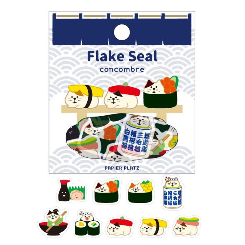 May include: A sheet of flake seals featuring cat-shaped sushi designs. The seals include various sushi types with different toppings and colors, such as yellow, red, and green. The text "Flake Seal" and "concombre" are printed at the top.