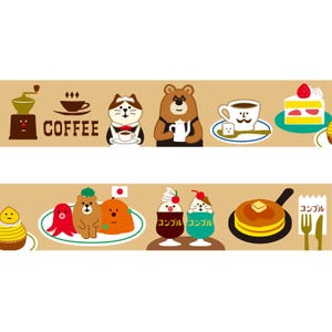 May include: Decorative washi tape featuring a repeating pattern of cartoon characters and food items. The design includes coffee, cake, pancakes, and ice cream, with Japanese text accents. The color palette is primarily brown, beige, and white.
