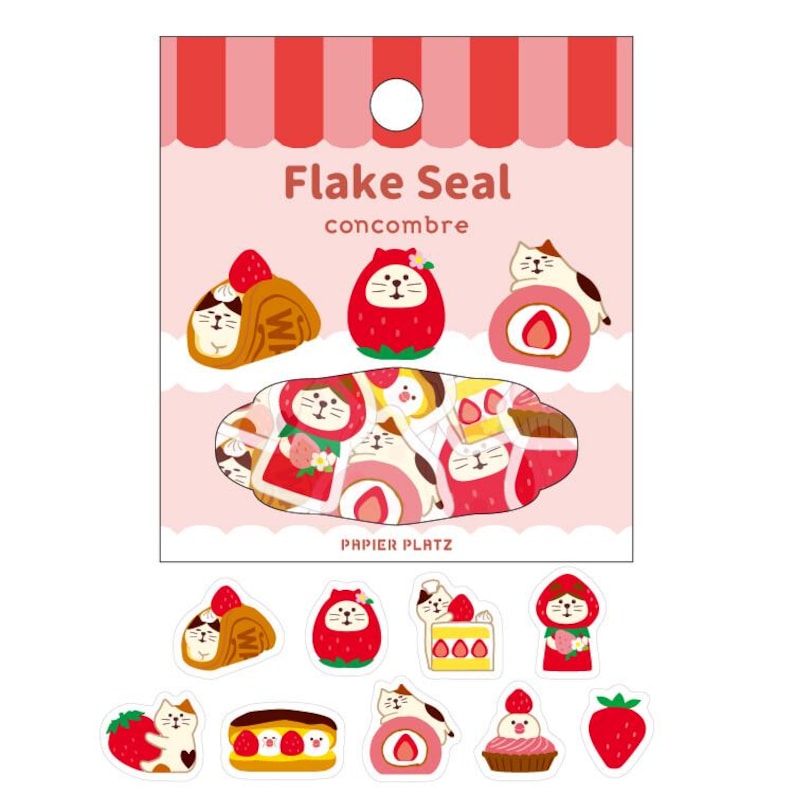 May include: A sheet of flake seals with a strawberry and cat theme. The package has the words "Flake Seal concombre" and "PAPIER PLATZ". The seals feature illustrations of cats, strawberries, and pastries in shades of red, pink, brown, and white.