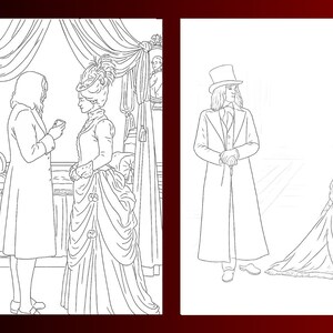Puede incluir: Dos ilustraciones en blanco y negro de personas con ropa de la &eacute;poca victoriana. Una muestra a un hombre y una mujer en una habitaci&oacute;n, la otra muestra a un hombre y una mujer en el exterior. Las ilustraciones son dibujos lineales.