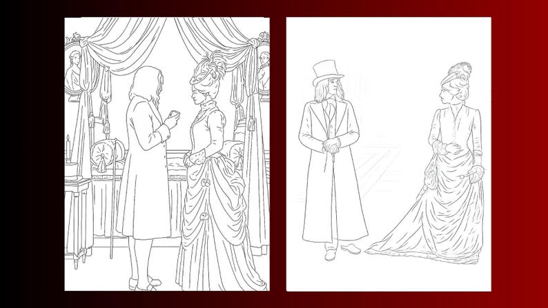 Puede incluir: Dos ilustraciones en blanco y negro de personas con ropa de la &eacute;poca victoriana. Una muestra a un hombre y una mujer en una habitaci&oacute;n, la otra muestra a un hombre y una mujer en el exterior. Las ilustraciones son dibujos lineales.