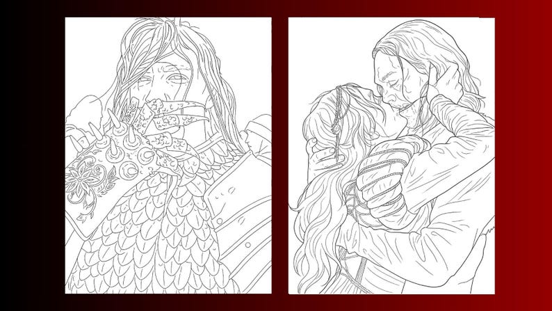 Puede incluir: Dos ilustraciones en blanco y negro de figuras con atuendo medieval. Una figura sostiene un guantelete con p&uacute;as frente a su rostro. La otra ilustraci&oacute;n representa a una pareja abraz&aacute;ndose y bes&aacute;ndose. Las im&aacute;genes est&aacute;n sobre un fondo rojo oscuro.