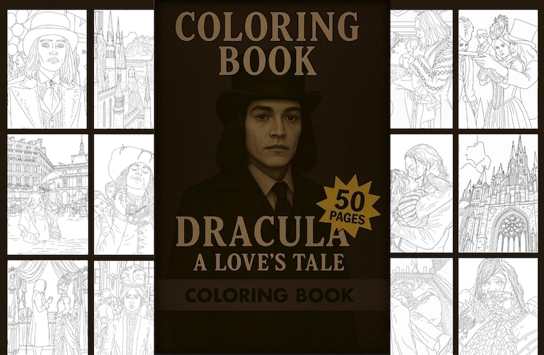Puede incluir: Un libro para colorear titulado "Dracula: A Love's Tale" con un retrato de un hombre con sombrero de copa. La portada presenta las palabras "Coloring Book" y "50 Pages". El libro est&aacute; rodeado de ilustraciones en blanco y negro.