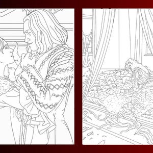 Puede incluir: Doble p&aacute;gina de un libro para colorear con una escena rom&aacute;ntica y una figura en la cama. La primera p&aacute;gina representa a un hombre y una mujer abrazados, mientras que la segunda muestra a una persona en una cama con dosel. Ambas p&aacute;ginas son dibujos lineales en blanco y negro.