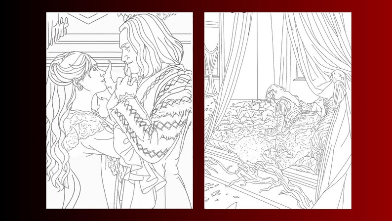 Puede incluir: Doble p&aacute;gina de un libro para colorear con una escena rom&aacute;ntica y una figura en la cama. La primera p&aacute;gina representa a un hombre y una mujer abrazados, mientras que la segunda muestra a una persona en una cama con dosel. Ambas p&aacute;ginas son dibujos lineales en blanco y negro.