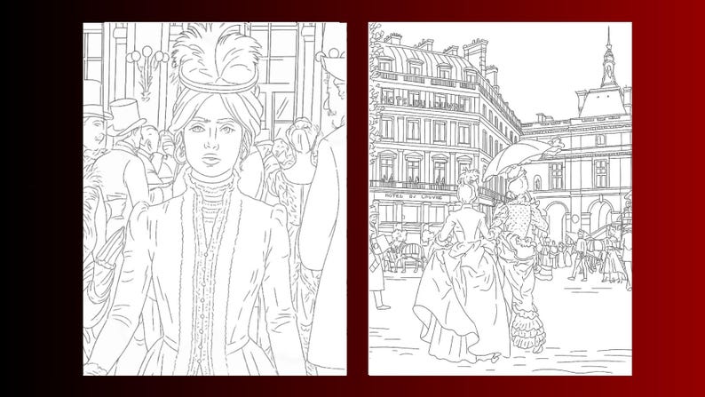 Puede incluir: Dos ilustraciones en blanco y negro. La primera representa a una mujer con sombrero con plumas y ropa de &eacute;poca, rodeada de gente. La segunda muestra una escena callejera con figuras con vestidos largos y edificios.