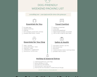 May include: A dog-friendly weekend packing list with sections for essentials for you and your dog, travel comfort, safety, and holiday extras. The list includes items like a leash, water bottle, and first aid kit. The text is in a green and white color scheme.
