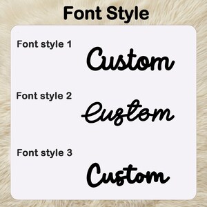 May include: Image showcasing three different font styles for the word "Custom". The text is in black, with each style labeled as "Font style 1", "Font style 2", and "Font style 3". The background is a soft, neutral color.