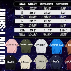 May include: A size and color chart for cotton t-shirts. The chart displays chest, body, and sleeve measurements in inches for sizes XS to 3XL. Colors include light pink, army green, white, cobalt blue, brown, black, cream, grey, navy, and maroon.