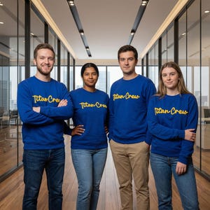 May include: Four people wearing blue sweatshirts with the text "Titan Crew" in yellow script. They are in a modern office with glass walls and a wooden floor. The sweatshirts are long-sleeved, suitable for cooler weather.