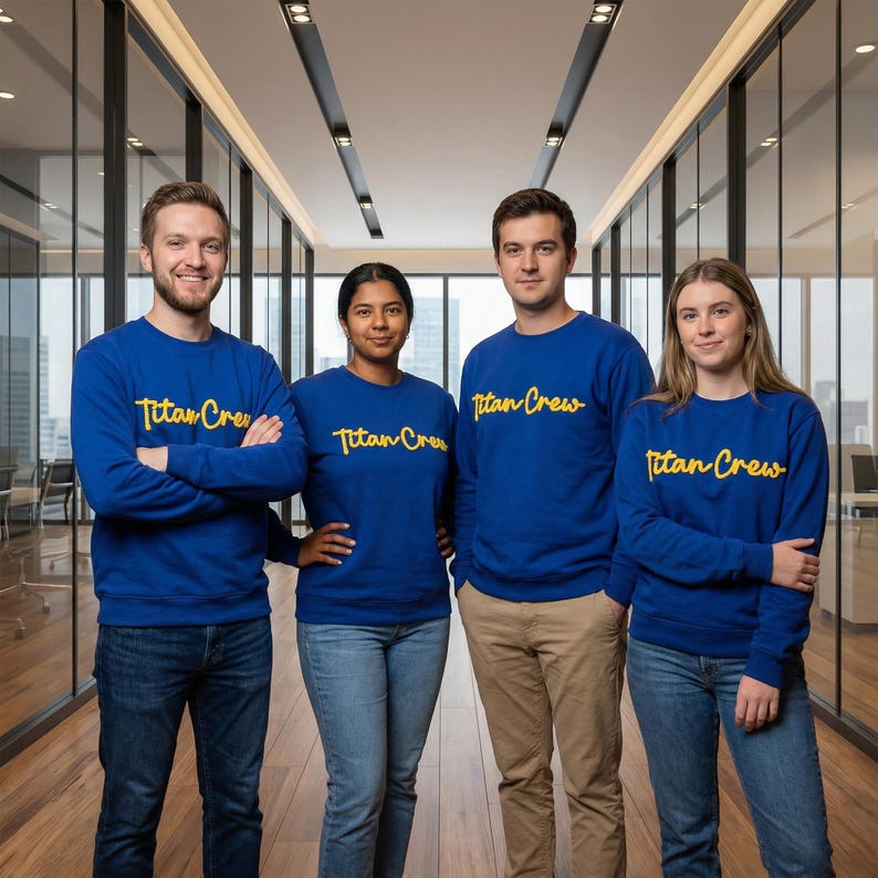 May include: Four people wearing blue sweatshirts with the text "Titan Crew" in yellow script. They are in a modern office with glass walls and a wooden floor. The sweatshirts are long-sleeved, suitable for cooler weather.