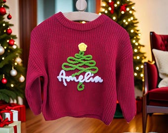 Jersey navideño personalizado para niños con nombre, conjunto navideño de punto personalizado, jersey navideño con nombre para niños, primer regalo de Navidad, ropa festiva para las fiestas