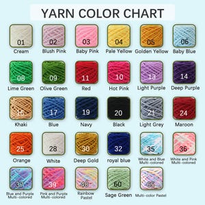 May include: A yarn colour chart displaying a range of shades, such as cream, blush pink, baby pink, pale yellow, golden yellow, and baby blue. Other colours include red, hot pink, light purple, deep purple, khaki, blue, navy, black, light grey, maroon, orange, white, deep gold, royal blue, and multi-coloured options.