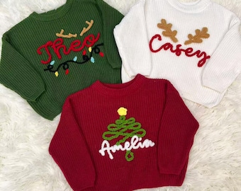 Kids Christmas Jumper with Custom Name, Personalized Knit Holiday Outfit, Xmas Name Jumper, First Christmas Gift, Cute Holiday Matching Look