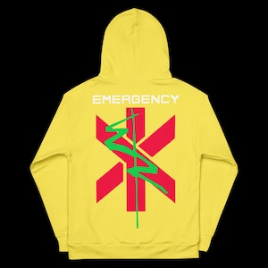 May include: Yellow hoodie with the word "EMERGENCY" printed across the shoulders. A red star of life symbol is centered on the back, with a green lightning bolt design. The hoodie has a hood and long sleeves.