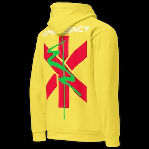 May include: Yellow hoodie with a hood. The back features a red star of life symbol with a green lightning bolt design and the word "EMERGENCY" in white block letters.