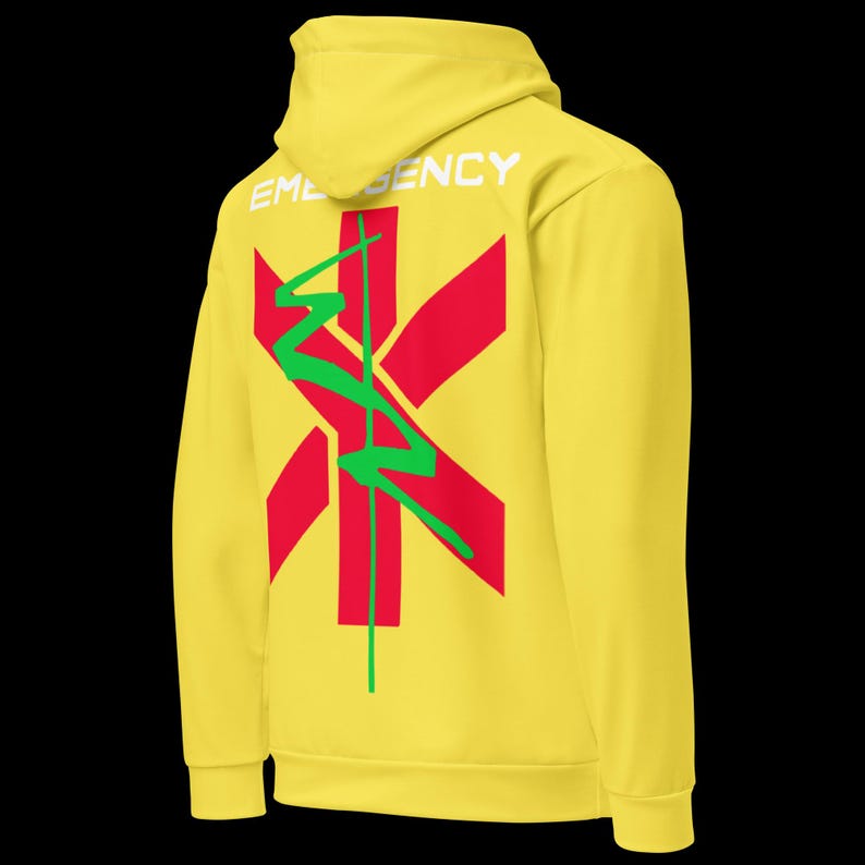 May include: Yellow hoodie with a hood. The back features a red star of life symbol with a green lightning bolt design and the word "EMERGENCY" in white block letters.