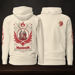 May include: Off-white hoodie with a front pocket and drawstring hood. The back features a red and gray graphic with the text "PRINCE MYDDI". A red lion logo is on the front, and red flame designs are on the sleeves.