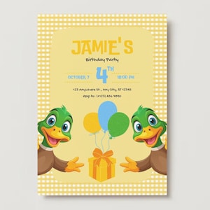 May include: A birthday party invitation with a yellow background and a cartoon duck on each side. The invitation says "Jamie's Birthday Party" and includes the date, time, and location. Balloons and a gift box are also featured.
