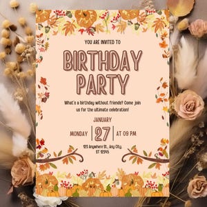 Fall Harvest Pumpkin Birthday Invitation – Rustic Autumn Party Printable Editable Template