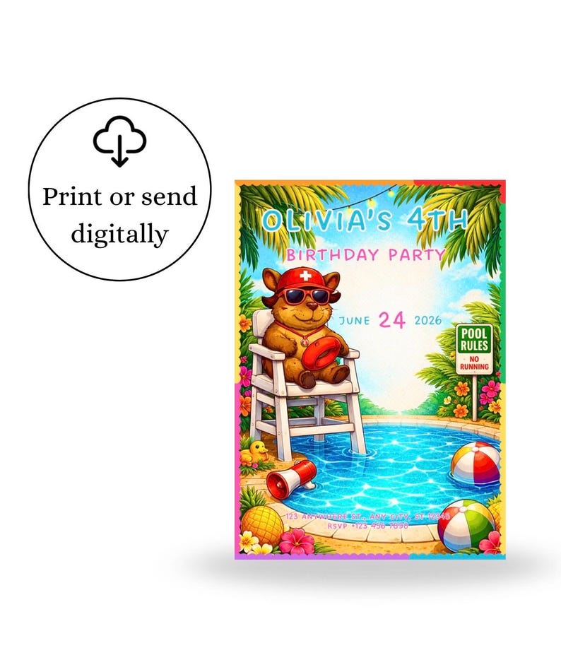 Capybara Pool Life Guard Birthday Invitation, Capybara Invitation ...