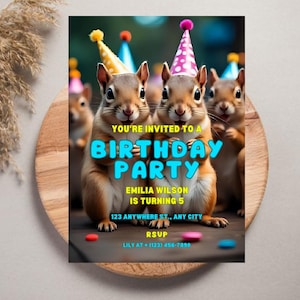 Rolig ekorre födelsedagsinbjudan nötig skogsmarkfest utskrivbar barnfödelsedag söt skogsdjurstema