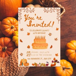 Invitación de cumpleaños con calabaza de cosecha de otoño: plantilla imprimible y editable para fiesta rústica de otoño