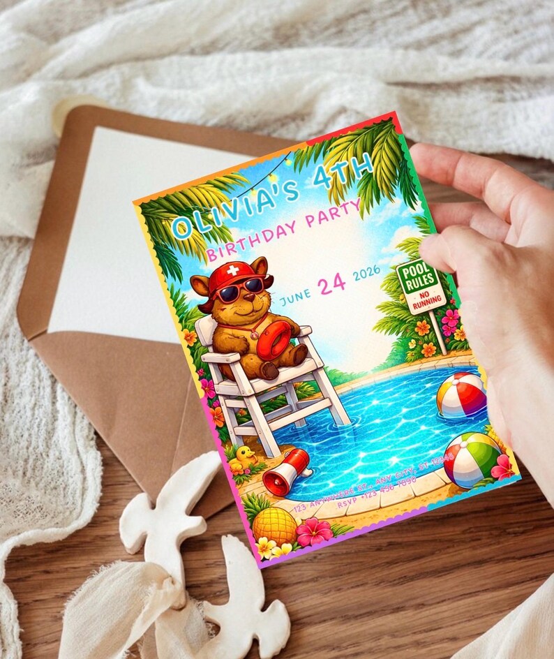 Capybara Pool Life Guard Birthday Invitation, Capybara Invitation ...