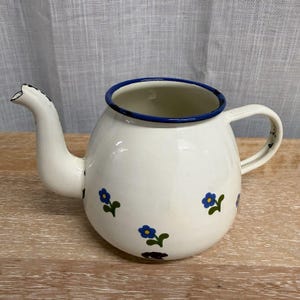 May include: White enamel teapot with a rounded body, a curved spout, and a handle. The rim is trimmed with blue, and the body is decorated with blue floral designs. The teapot sits on a wooden surface.