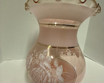 VTG Pink Gone With The Wind Glass Lampshade W/Roses Pale Pink White Gold EUC