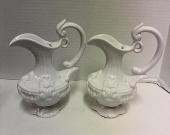 VTG Portuguese Pottery Decorative Vases Pitchers W/ Handle White Ornate Embossed