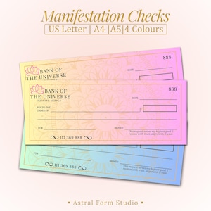 Könnte beinhalten: Manifestationsschecks in den Größen US Letter, A4 und A5 mit Farbverlauf. Die Schecks tragen den Text "Bank of the Universe" und enthalten Felder für "Pay to the Order of" und "For".