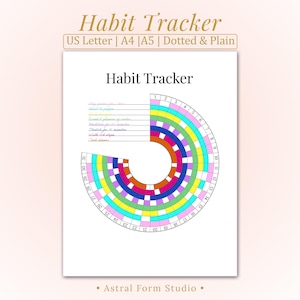 May include: A white habit tracker with a colourful circular design. The tracker includes the text "Habit Tracker" and options for US Letter, A4, A5, Dotted & Plain. The design features a semi-circular layout with numbered days.