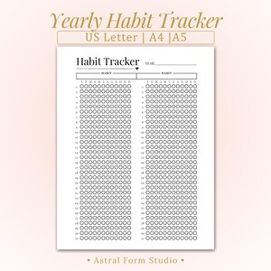 May include: A white habit tracker with the text "Yearly Habit Tracker" and "Habit Tracker". The tracker includes spaces for the months of the year and numbered rows for tracking habits. The design is simple and clean, suitable for personal use.