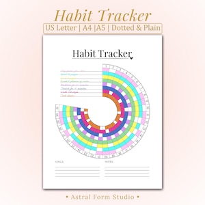 May include: A white habit tracker with a colourful circular design. The tracker includes space for goals and notes. The text "Habit Tracker" is at the top, with options for US Letter, A4, A5, Dotted & Plain.