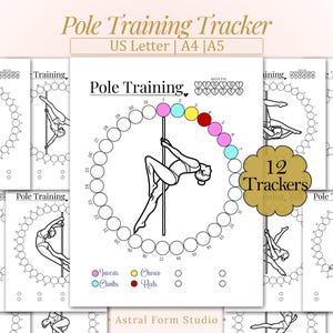 May include: A pack of 12 pole training trackers. Each tracker has a circular design with a pole dancer illustration and a 31-day calendar. The trackers are available in US Letter, A4, and A5 sizes. The design includes colour-coded sections for different training types.