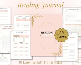 May include: A pink and gold reading journal with various interior pages. The cover reads "Reading Journal" with a heart symbol. The journal includes pages for tracking books, monthly challenges, and yearly wrap-ups. The journal has 55 pages.