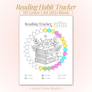 May include: A black and white reading tracker with the text "Reading Habit Tracker". The design includes a circle of numbered dots, a stack of books, and a flower. The tracker is available in US Letter, A4, A5, and blank formats.