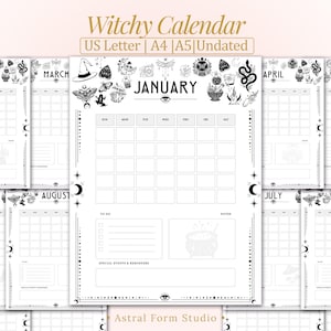 May include: A black and white Witchy Calendar with the text "Witchy Calendar US Letter A4 A5 Undated". The calendar features illustrations of moons, stars, and witchy symbols. The month of January is displayed with a calendar grid.