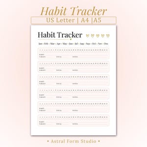 May include: A printable habit tracker available in US Letter, A4, and A5 sizes. The design features the title "Habit Tracker" with heart symbols, and a calendar layout for tracking habits. The tracker includes sections for habit, target, total, and notes.