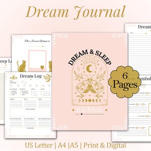 May include: A collection of six pages of a dream journal with a pink cover featuring a moth and crescent moon design. The journal includes sections for dream logs, notes, and symbols. The text "Dream Journal" is at the top.