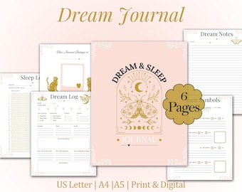 Könnte beinhalten: Ein Set von sechs Seiten eines Traumjournals mit einem rosa Einband, der ein Motten- und Halbmond-Design zeigt. Das Journal enthält Abschnitte für Traumprotokolle, Notizen und Symbole. Der Text "Dream Journal" steht oben.