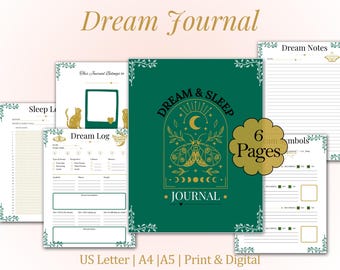 Könnte beinhalten: Ein Traumtagebuch mit grünem Einband, das ein Nachtfalter- und Monddesign mit dem Schriftzug "Dream & Sleep Journal" zeigt. Das Tagebuch enthält Seiten für Traumprotokolle, Notizen und Symbole. Erhältlich in US Letter, A4 und A5 Formaten.