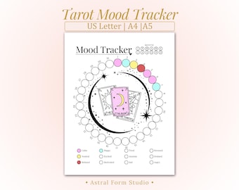 Può includere: Un tracker dell'umore dei tarocchi stampabile con un design circolare per tenere traccia degli stati d'animo quotidiani. Il design include tre carte dei tarocchi, una luna crescente, stelle e una chiave dell'umore codificata a colori. Il testo in alto recita "Tarot Mood Tracker".