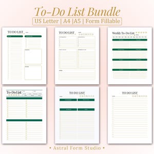 May include: A bundle of six printable to-do list templates in US Letter, A4, and A5 sizes. The designs feature a white background with green and gold accents. The text "TO DO LIST" is at the top of each page.