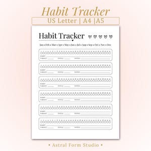 May include: A white habit tracker printable with the title "Habit Tracker" and the months of the year listed across the top. The tracker includes spaces for habits, targets, totals, and notes. The paper size options are US Letter, A4, and A5.