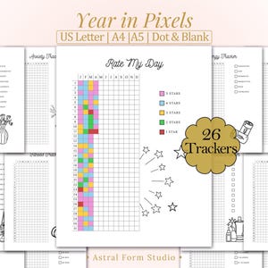 May include: A set of printable planner pages with trackers for mood, anxiety, and sleep. The central page has a "Rate My Day" chart with a colour-coded star rating system. The text "Year in Pixels" is at the top of the image.