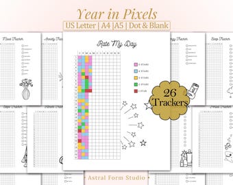 May include: A collection of printable planner pages with various trackers, including mood, anxiety, and sleep trackers. The central page features a "Rate My Day" chart with a color-coded star rating system. The text "Year in Pixels" is at the top.