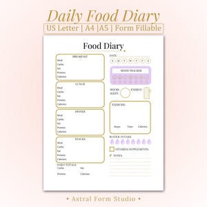 May include: A printable food diary with sections for breakfast, lunch, dinner, and snacks. It includes a mood tracker, water intake, and space for notes. The diary is labeled "Daily Food Diary" and is available in US Letter, A4, and A5 sizes.